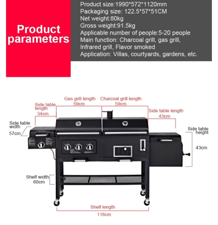 Large Gas And Charcoal Grill  Bbq  With Smoker Oven